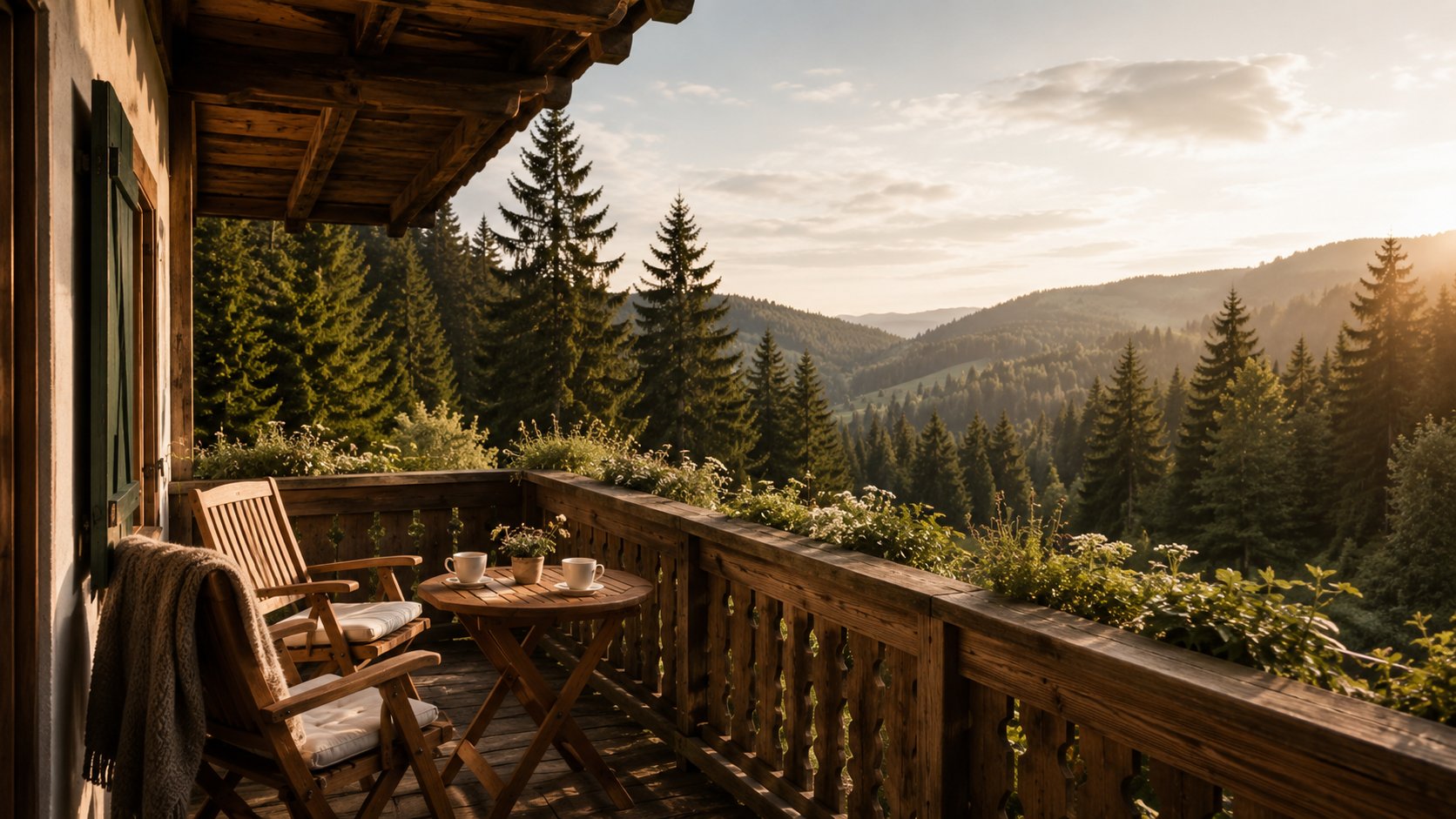 Balkon mit Holzstühlen und weitem Blick über den Schwarzwald