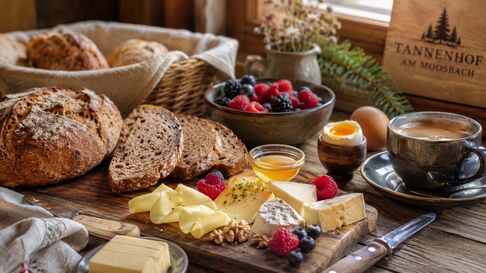 Schwarzwälder Frühstück mit Bauernbrot, Käse, Honig, Beeren und Kaffee