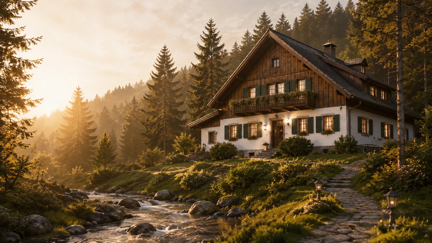 Tannenhof am Moosbach im goldenen Morgenlicht zwischen Schwarzwaldtannen und Bach