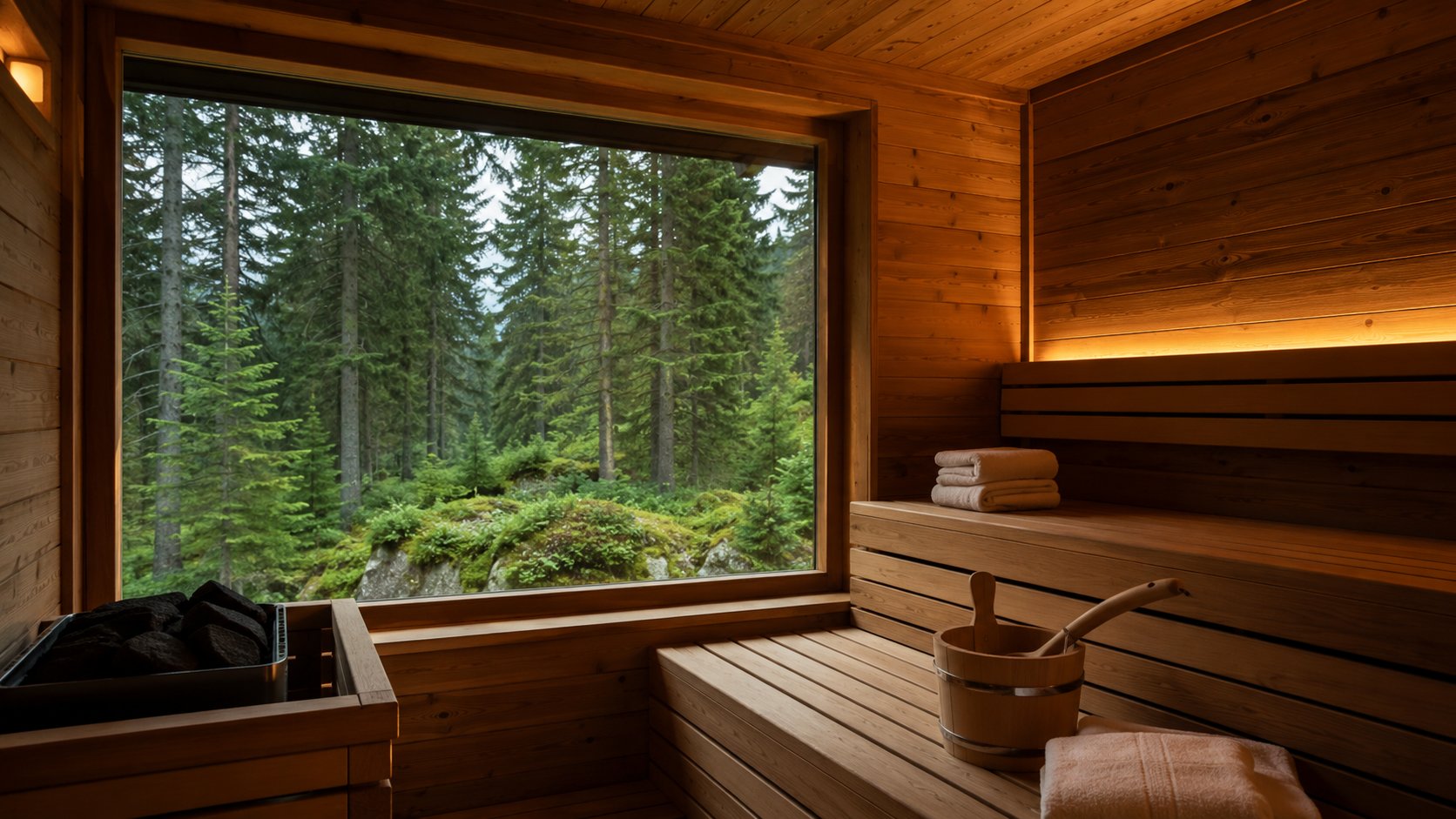 Sauna mit großem Fenster und Blick in den moosbedeckten Tannenwald