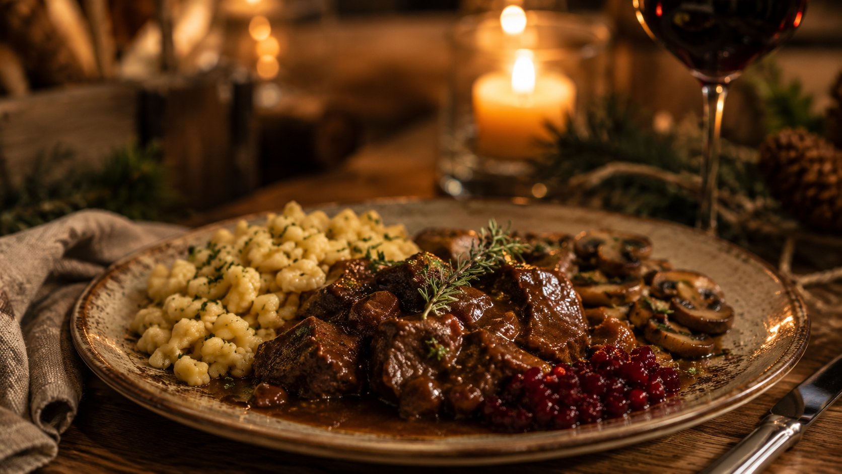 Schwarzwälder Spezialität mit Spätzle, Preiselbeeren und Pilzen im Kerzenschein