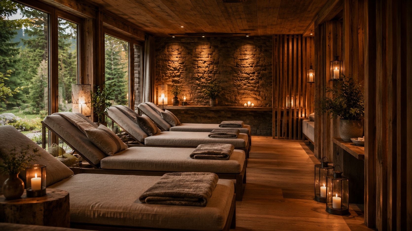 Wellness-Ruheraum mit weichen Liegen, Kerzen und Holzwänden