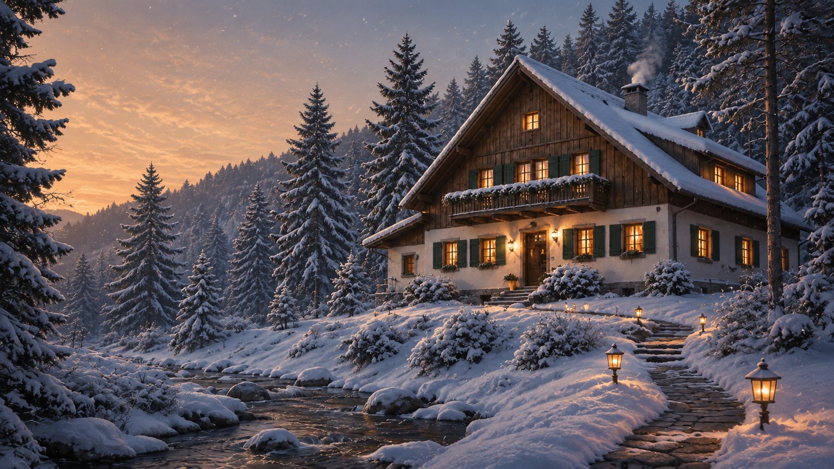 Tannenhof im Winter, schneebedeckt, mit warm beleuchteten Fenstern und Bach